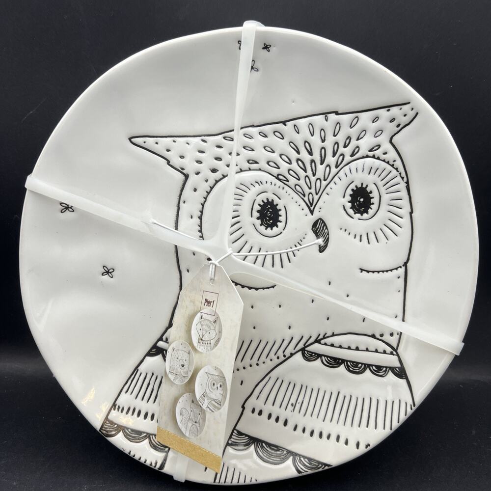 Pier 1 Stoneware Modern Critters 4 Salad Plates 8.5” Owl Bear Fox Raccoon NEW